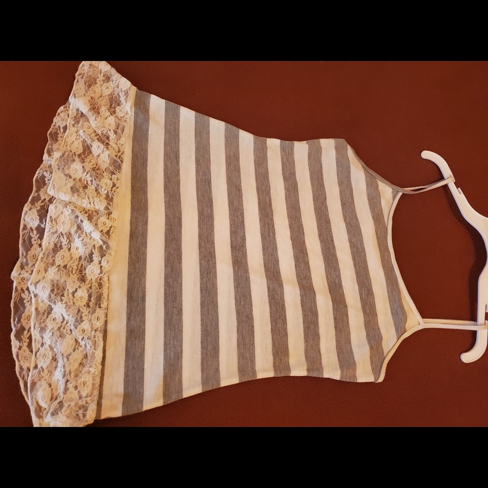 White and grey striped tank with lace and studs